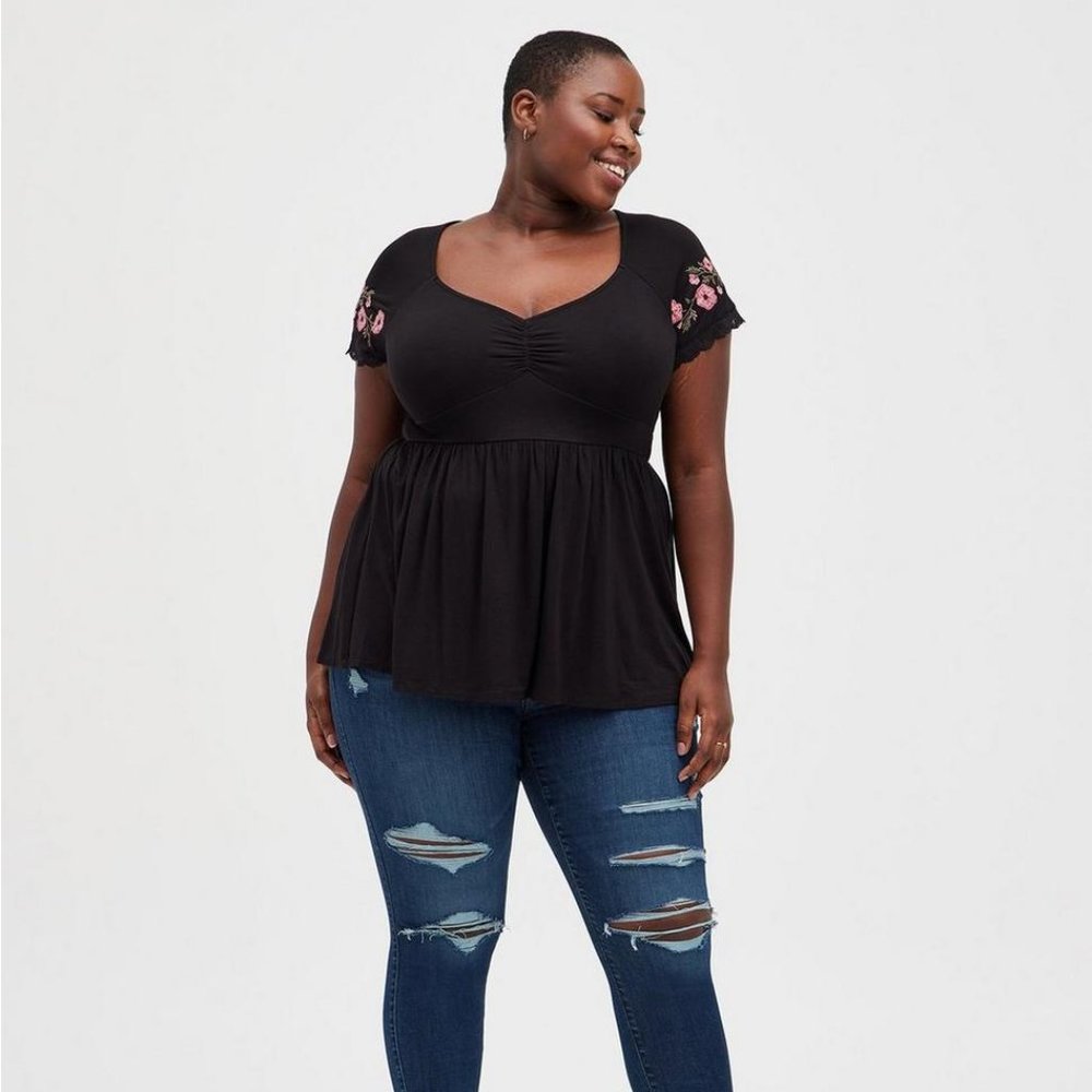 Torrid Black Blouse with Pink Floral Accents